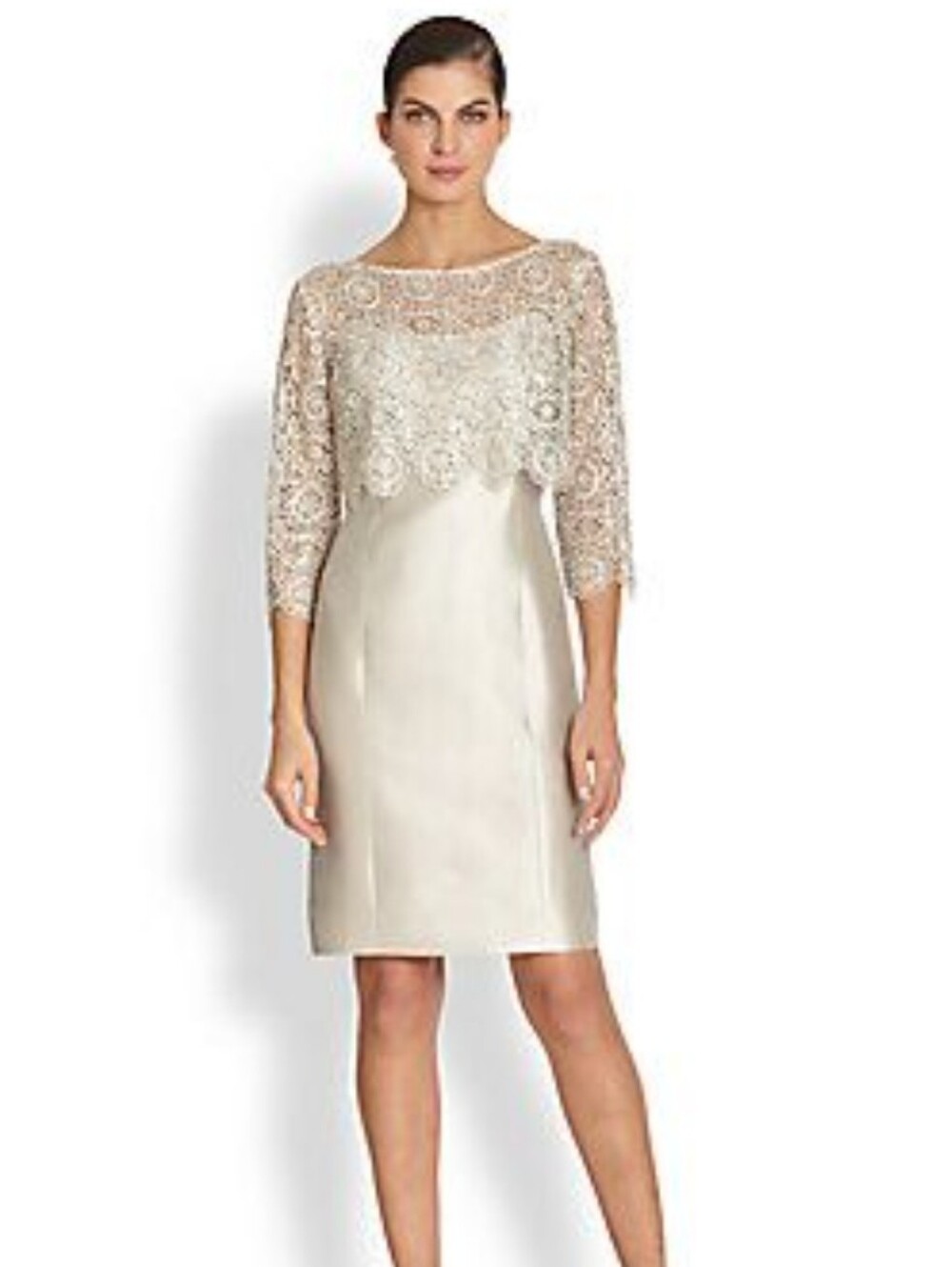 Rickie Freeman Teri Jon Silver Gray Sequin Lace Overlay Dress